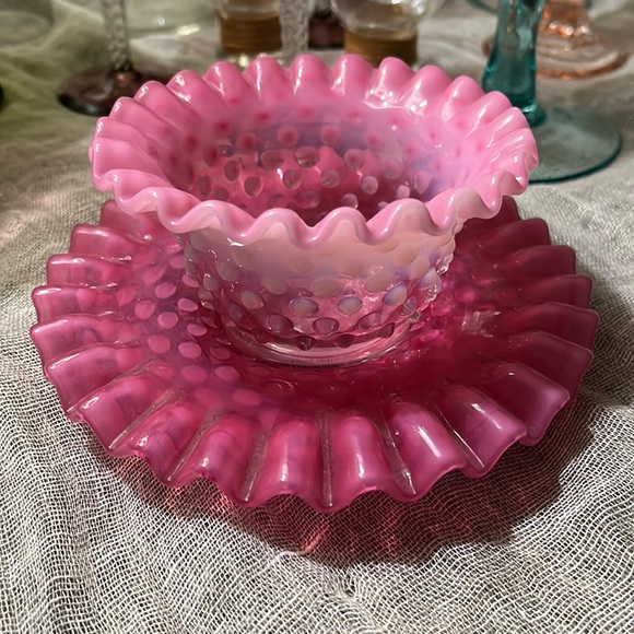 Fenton Other - Pink Milkglass Art Glass Hobnail Bowl and Saucer - mid century modern